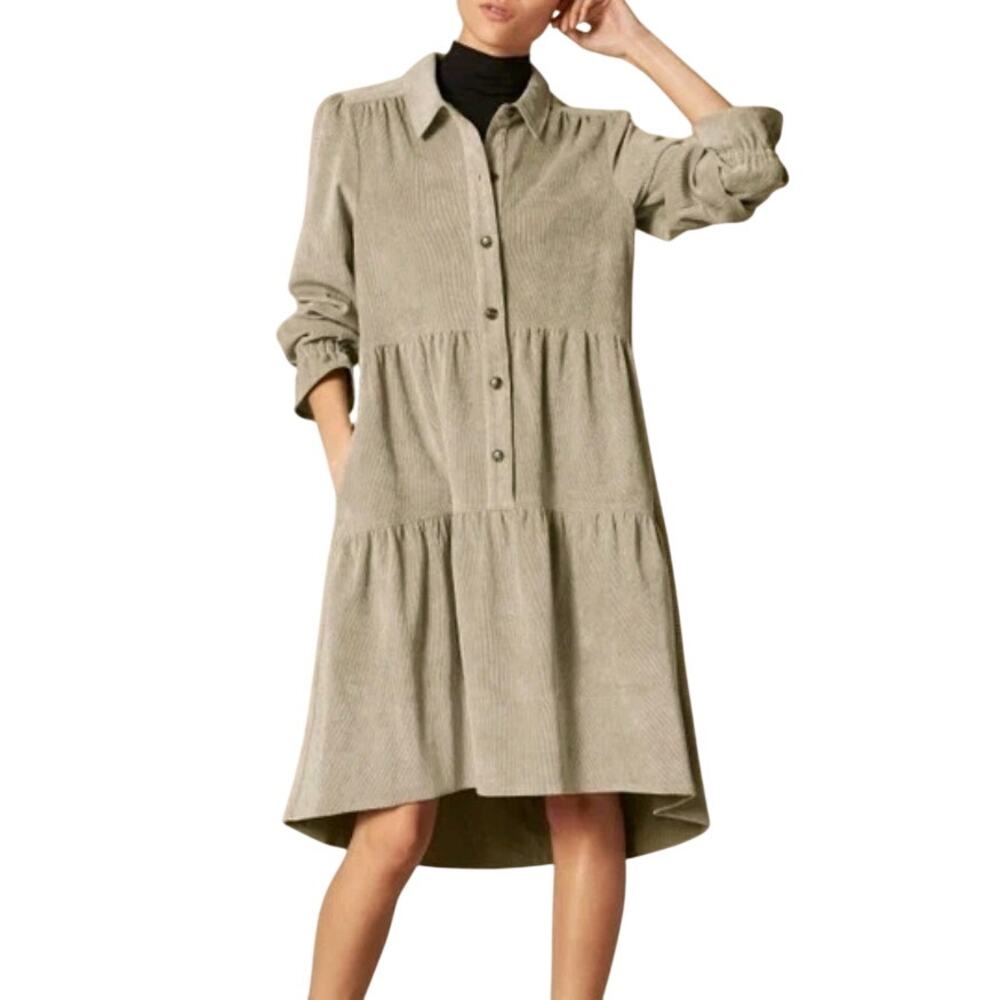 ME+EM Ultimate Drape Superfine Corduroy Shirt Swing Dress Sage Approx Size 14